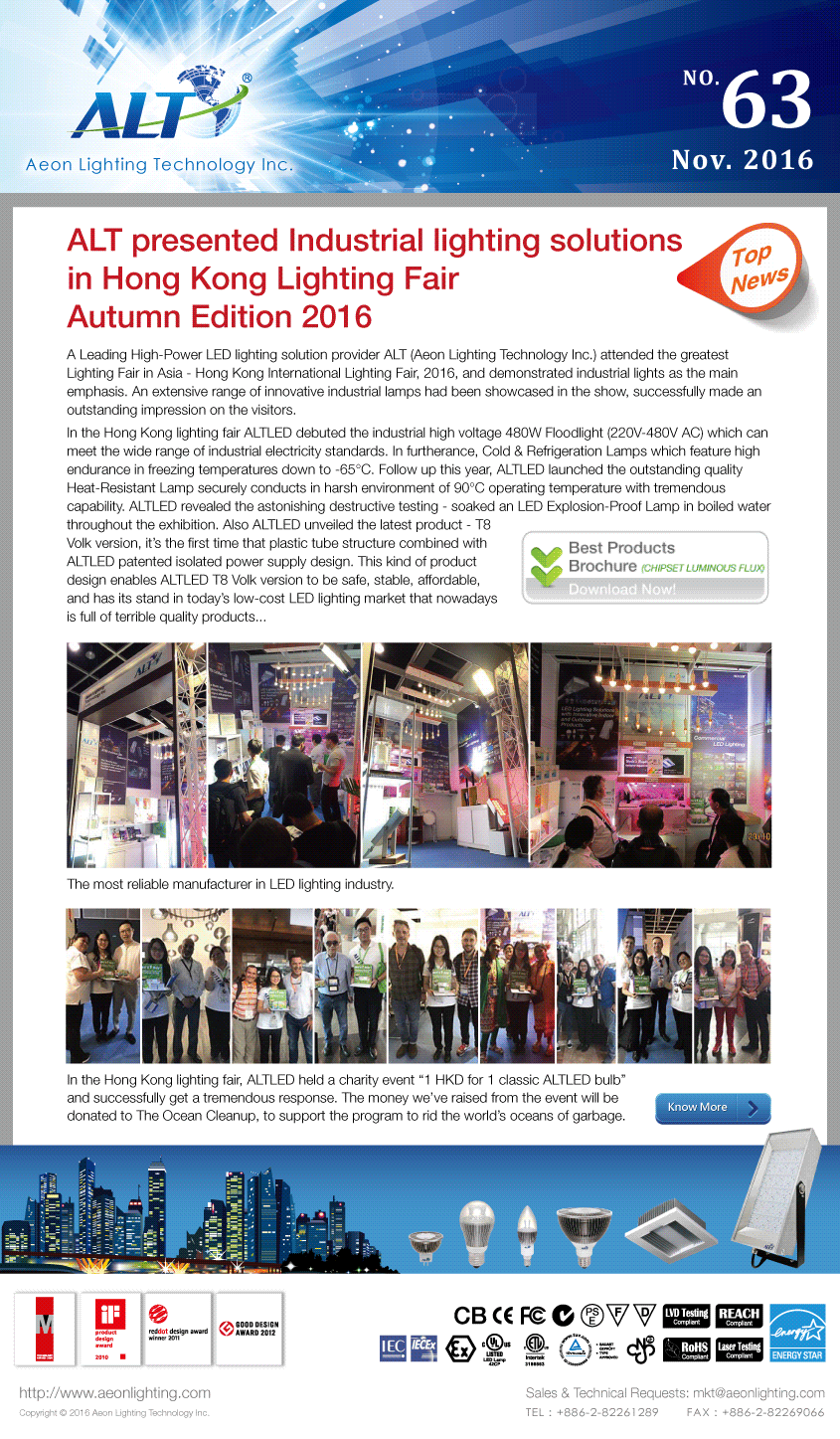 A Leading High-Power LED lighting solution provider ALT (Aeon Lighting Technology Inc.) attended the greatest Lighting Fair in Asia - Hong Kong International Lighting Fair, 2016, and demonstrated industrial lights as the main emphasis. An extensive range of innovative industrial lamps had been showcased in the show, successfully made an outstanding impression on the visitors.